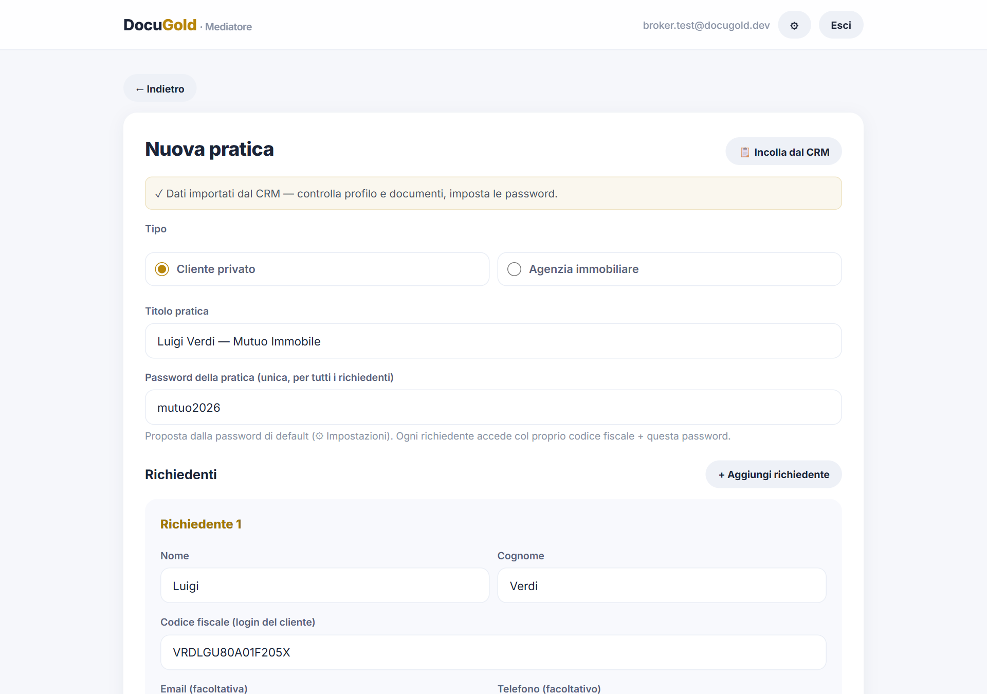 Form DocuGold precompilato dal CRM